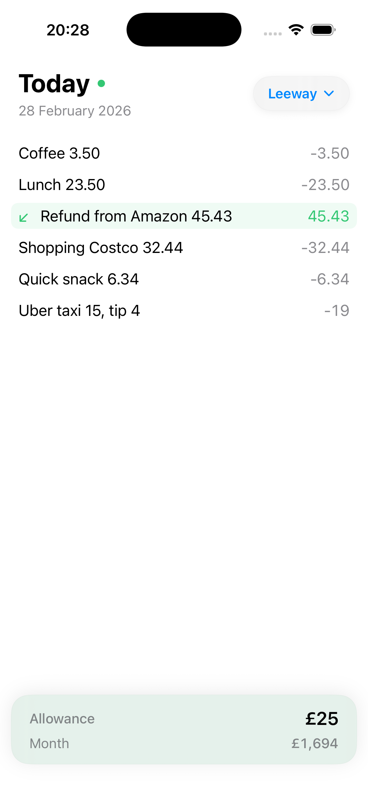 Leeway app showing a daily log and an allowance card